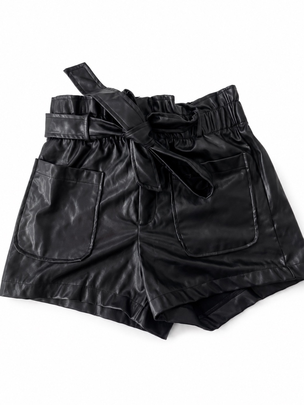 Amazon High-Waist Black Faux Leather Tie-Belt Shorts